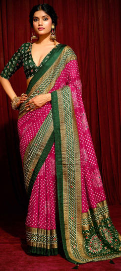 Pink and Majenta color Saree in Satin Silk fabric with Bandhej, Printed, Weaving work