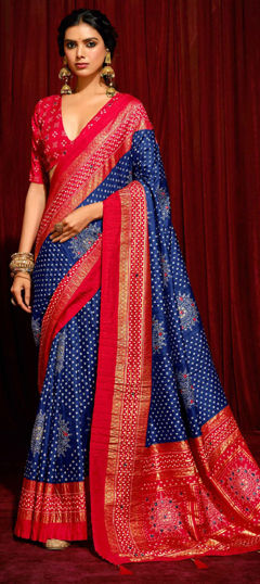 Blue color Saree in Satin Silk fabric with Bandhej, Printed, Weaving work