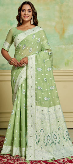 Green color Saree in Cotton fabric with Weaving work