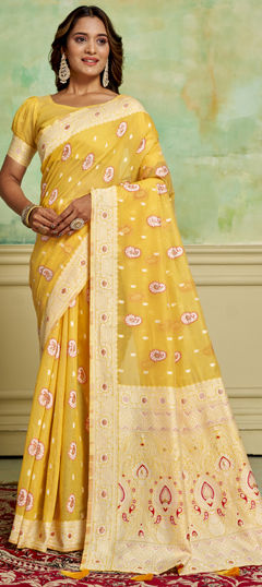 Yellow color Saree in Cotton fabric with Weaving work