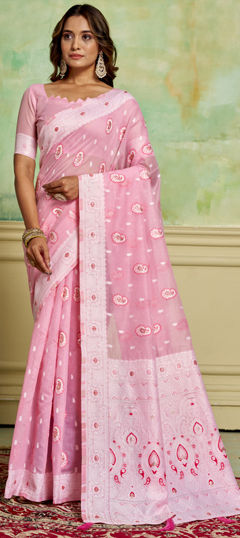 Pink and Majenta color Saree in Cotton fabric with Weaving work