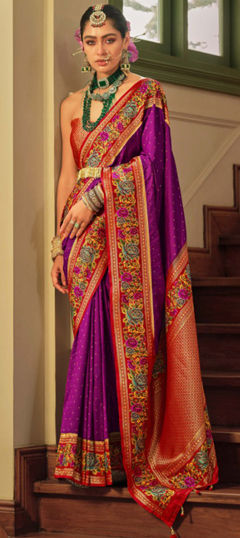 Pink and Majenta color Saree in Banarasi Silk fabric with Printed, Weaving work