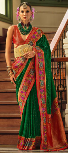 Green color Saree in Banarasi Silk fabric with Printed, Weaving work