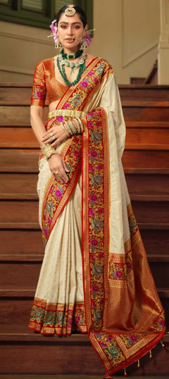 White and Off White color Saree in Banarasi Silk fabric with Printed, Weaving work