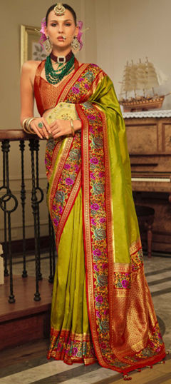 Green color Saree in Banarasi Silk fabric with Printed, Weaving work