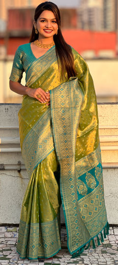 Green color Saree in Tissue fabric with Weaving, Zari work