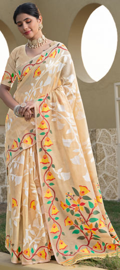 Beige and Brown color Saree in Cotton fabric with Jamdani, Printed work