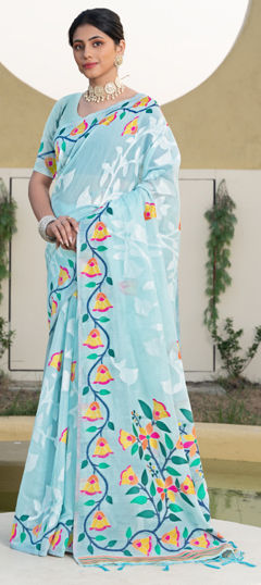 Blue color Saree in Cotton fabric with Jamdani, Printed work