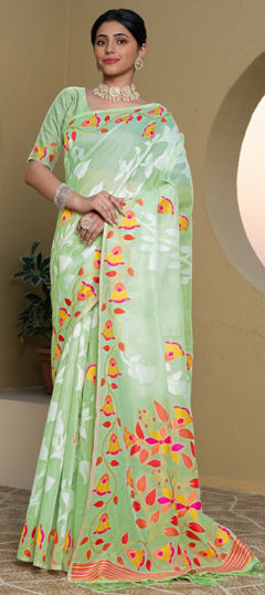 Green color Saree in Cotton fabric with Jamdani, Printed work