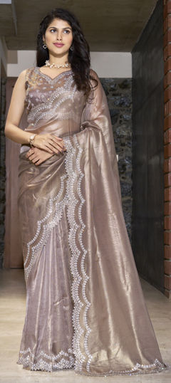 Beige and Brown color Saree in Jute fabric with Zircon work