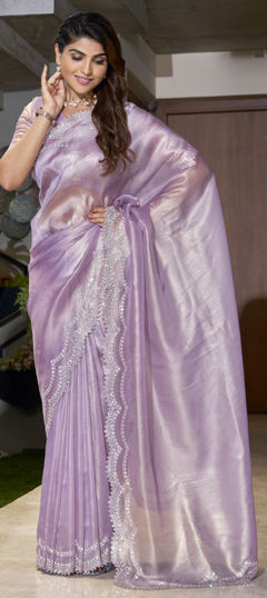 Purple and Violet color Saree in Jute fabric with Zircon work