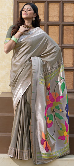 Black and Grey color Saree in Art Silk fabric with Floral, Printed work