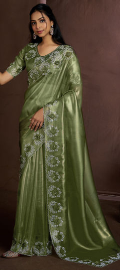 Green color Saree in Jute fabric with Sequence, Zircon work