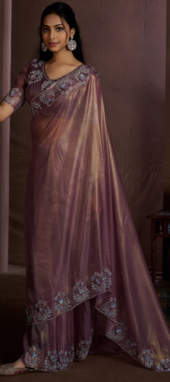 Purple and Violet color Saree in Jute fabric with Sequence, Zircon work