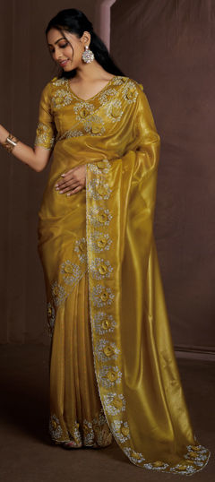 Yellow color Saree in Jute fabric with Sequence, Zircon work