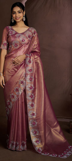 Pink and Majenta color Saree in Jute fabric with Sequence, Zircon work