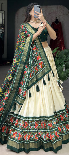 Beige and Brown, Green color Lehenga in Tussar Silk fabric with Printed work