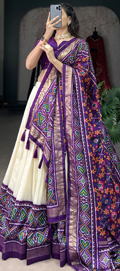 Beige and Brown, Purple and Violet color Lehenga in Tussar Silk fabric with Printed work