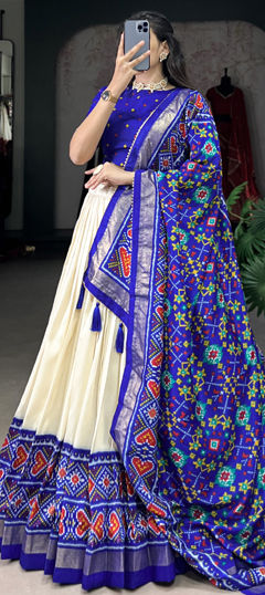 Beige and Brown, Blue color Lehenga in Tussar Silk fabric with Printed work