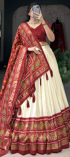 Beige and Brown, Red and Maroon color Lehenga in Tussar Silk fabric with Printed work