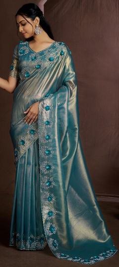 Blue color Saree in Jute fabric with Sequence, Zircon work