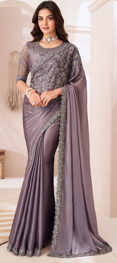 Purple and Violet color Saree in Satin Silk fabric with Embroidered work