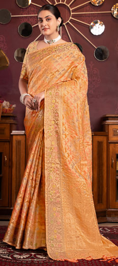 Orange color Saree in Organza Silk fabric with Weaving, Zari work