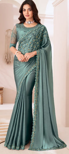 Blue color Saree in Satin Silk fabric with Embroidered work