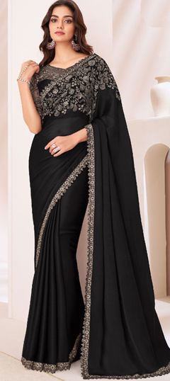 Black and Grey color Saree in Chiffon fabric with Embroidered work