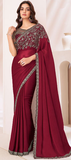 Red and Maroon color Saree in Chiffon fabric with Embroidered work