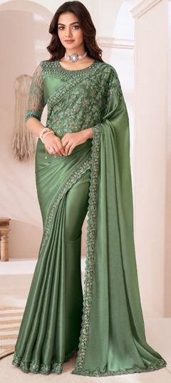 Green color Saree in Satin Silk fabric with Embroidered work