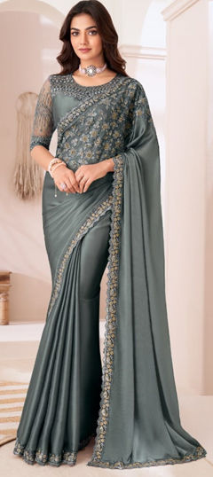 Black and Grey color Saree in Satin Silk fabric with Embroidered work