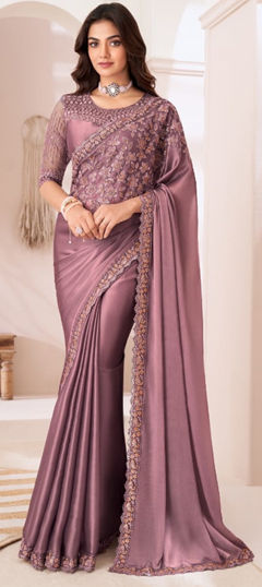 Purple and Violet color Saree in Satin Silk fabric with Embroidered work