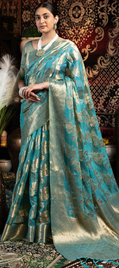 Blue color Saree in Art Silk fabric with Weaving work