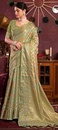 Green color Saree in Organza Silk fabric with Weaving, Zari work