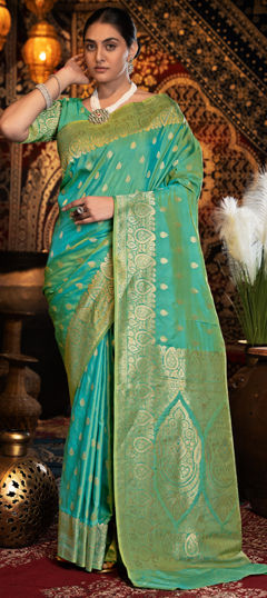 Green color Saree in Banarasi Silk fabric with Weaving, Zari work