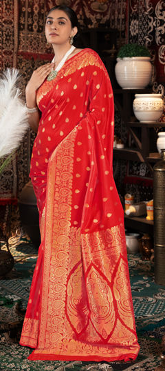 Red and Maroon color Saree in Banarasi Silk fabric with Weaving, Zari work