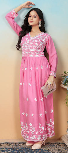 Pink and Majenta color Salwar Kameez in Rayon fabric with Embroidered work