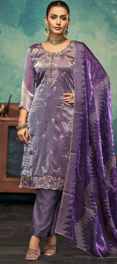 Purple and Violet color Salwar Kameez in Satin Silk fabric with Embroidered, Stone, Swarovski work