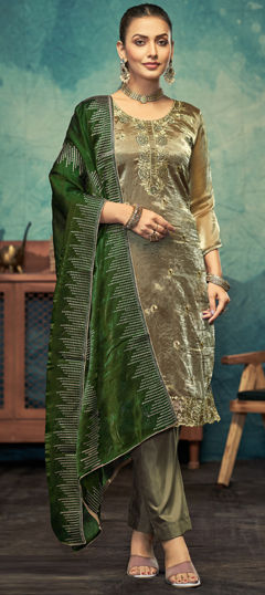 Green color Salwar Kameez in Satin Silk fabric with Embroidered, Stone, Swarovski work