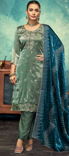 Green color Salwar Kameez in Satin Silk fabric with Embroidered, Stone, Swarovski work