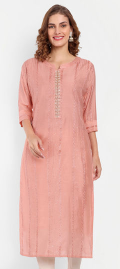 Pink and Majenta color Kurti in Cotton fabric with Embroidered, Thread work