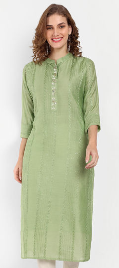 Green color Kurti in Cotton fabric with Embroidered, Thread work