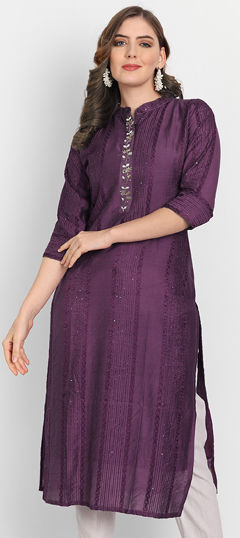 Purple and Violet color Kurti in Cotton fabric with Embroidered, Thread work