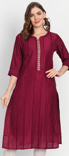 Red and Maroon color Kurti in Cotton fabric with Embroidered, Thread work