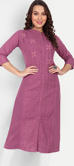 Pink and Majenta color Kurti in Cotton fabric with Embroidered, Resham, Thread work