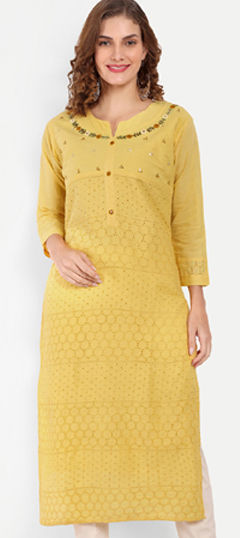 Yellow color Kurti in Cotton fabric with Embroidered, Resham, Thread work
