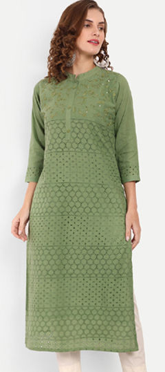 Green color Kurti in Cotton fabric with Embroidered, Resham, Thread work