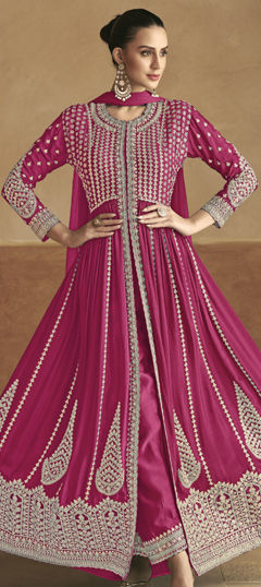 Pink and Majenta color Salwar Kameez in Silk fabric with Embroidered, Thread work