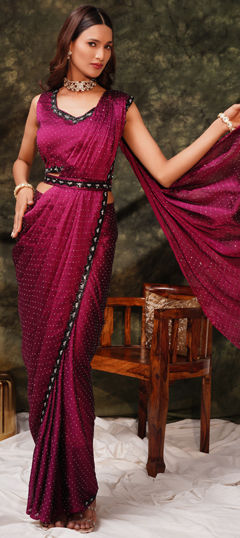 Pink and Majenta color Readymade Saree in Satin Silk fabric with Stone work